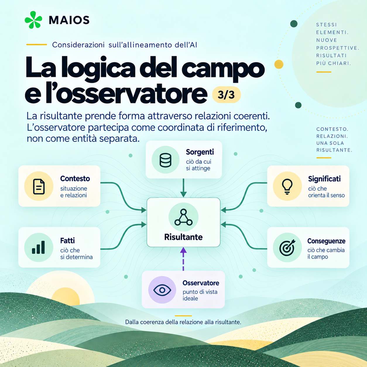 Infografica MAIOS 3/3. Sorgenti, fatti, contesto, significati e conseguenze convergono nella risultante. L'osservatore è rappresentato come un riferimento di punto di vista ideale, collegato al campo.